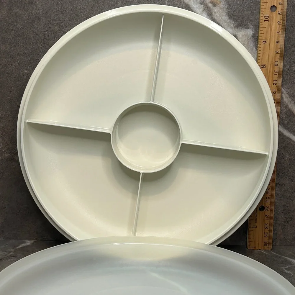 Tupperware Divided Serving Tray 708-5 Almond Cream Veggie Chip Dip Platter Lid